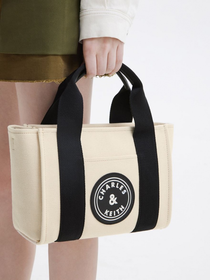 Geanta Tote Charles & Keith Kay Panza Contrast-Trim Bej | 410DUIBME