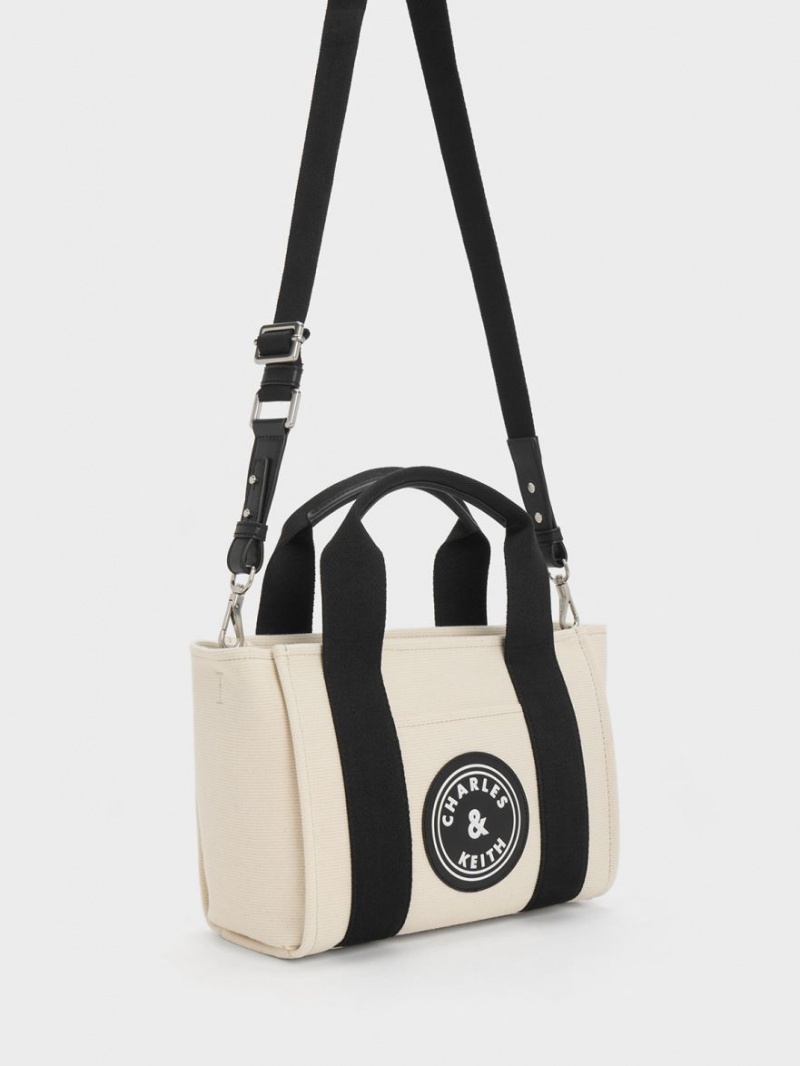 Geanta Tote Charles & Keith Kay Panza Contrast-Trim Bej | 410DUIBME