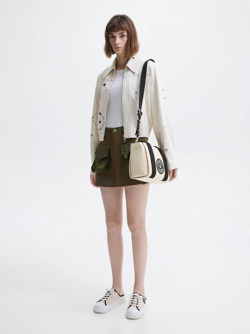 Geanta Tote Charles & Keith Kay Panza Contrast-Trim Bej | 410DUIBME