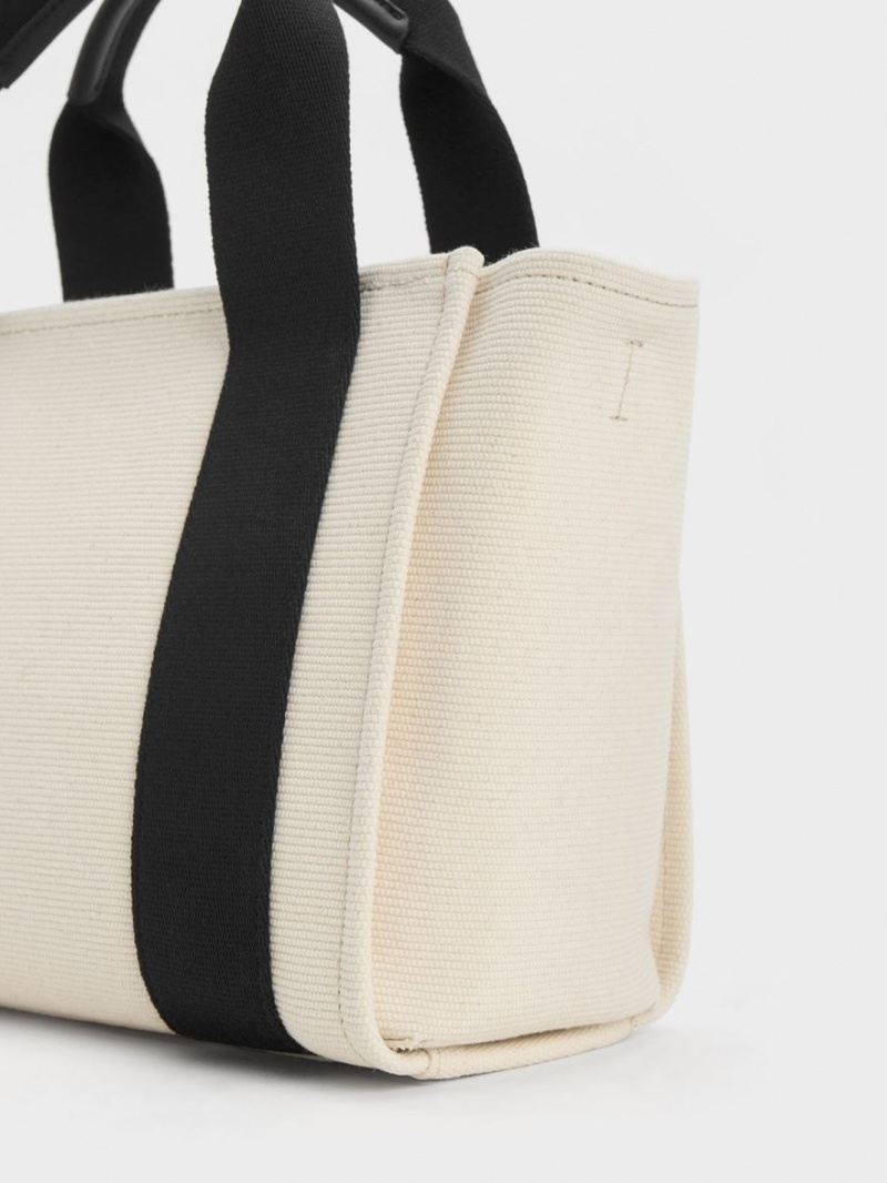 Geanta Tote Charles & Keith Kay Panza Contrast-Trim Bej | 410DUIBME