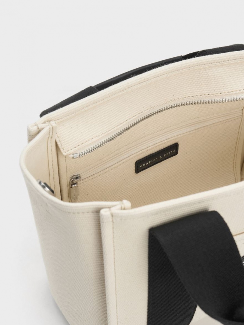 Geanta Tote Charles & Keith Kay Panza Contrast-Trim Bej | 410DUIBME