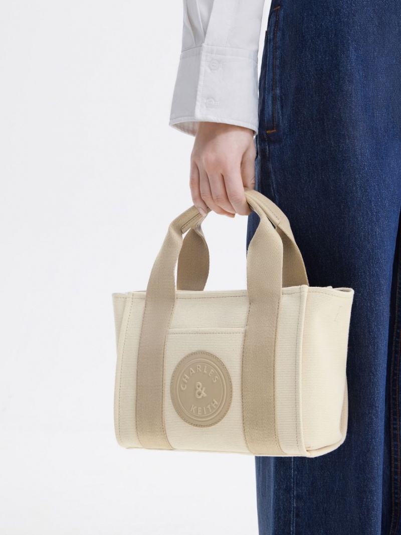 Geanta Tote Charles & Keith Kay Panza Contrast-Trim Bej | 378BTOXGY