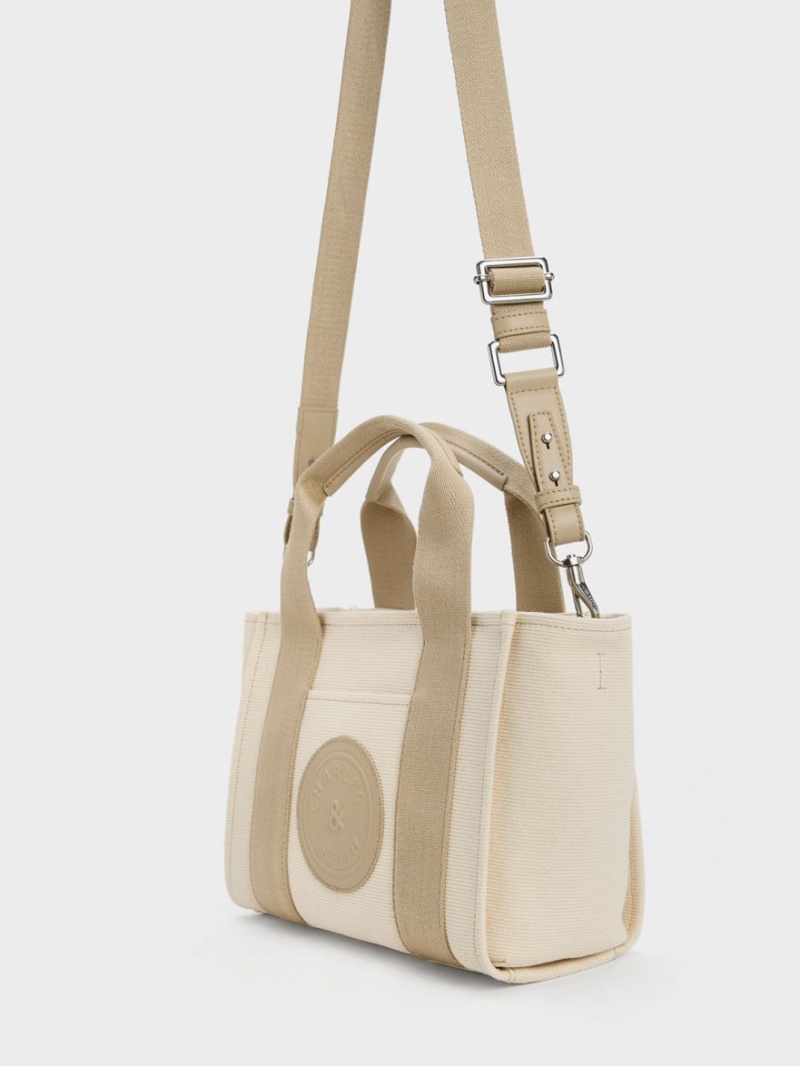 Geanta Tote Charles & Keith Kay Panza Contrast-Trim Bej | 378BTOXGY