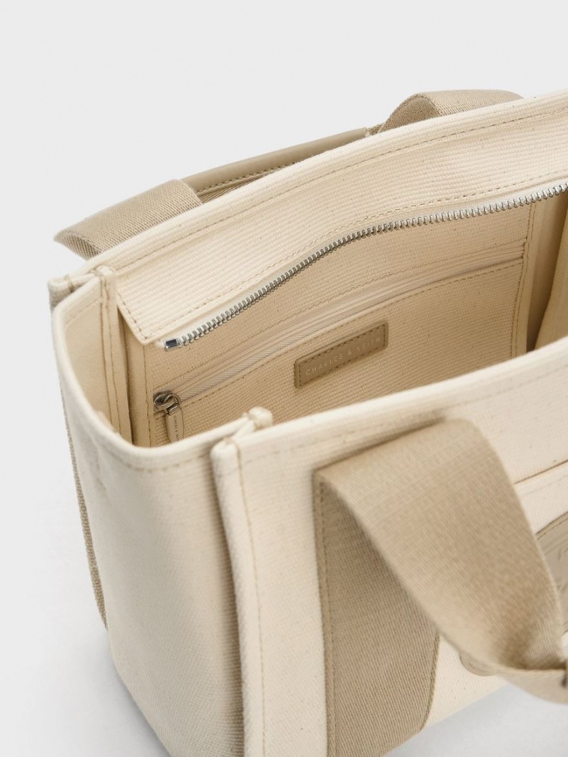 Geanta Tote Charles & Keith Kay Panza Contrast-Trim Bej | 378BTOXGY