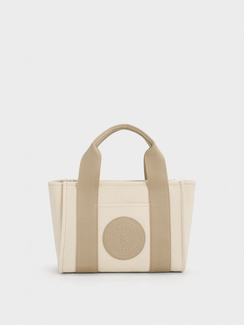 Geanta Tote Charles & Keith Kay Panza Contrast-Trim Bej | 378BTOXGY