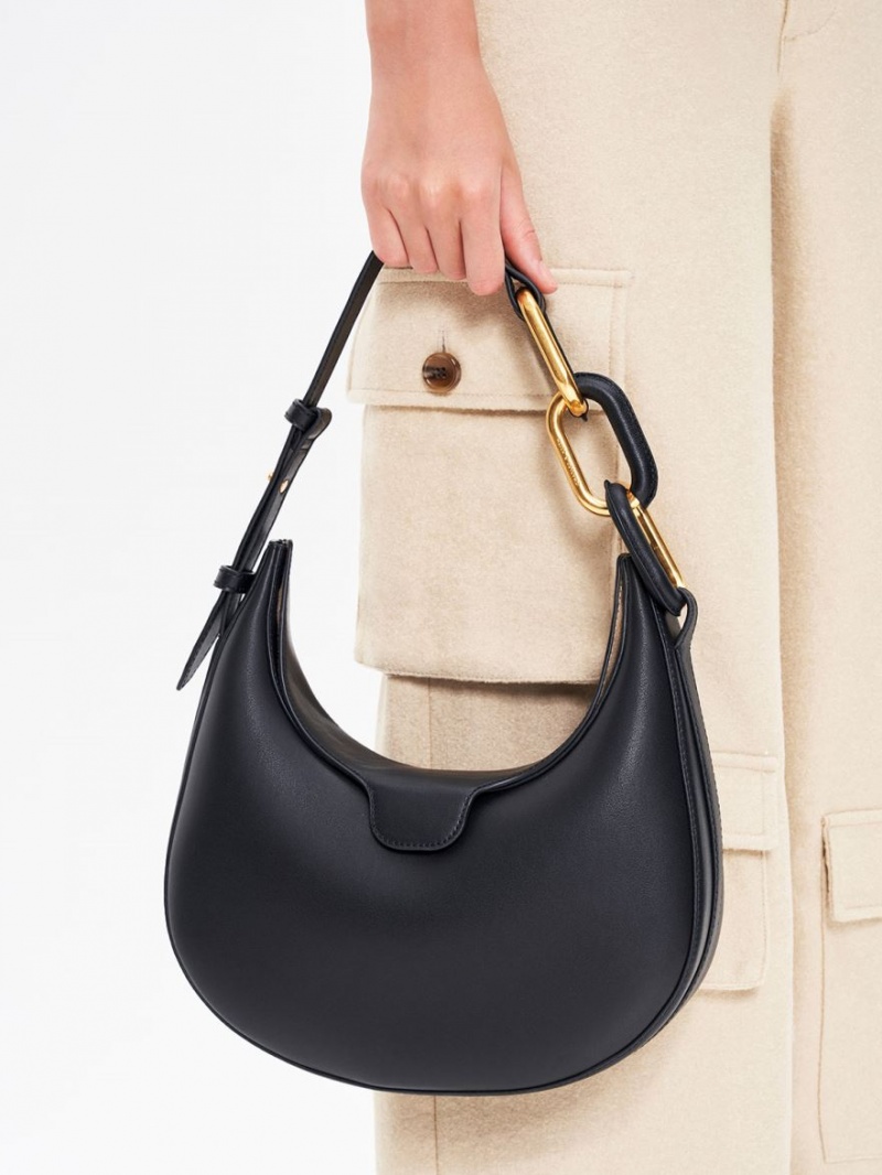 Geanta Tote Charles & Keith Kora Metallic-Accent Moon Negrii | 279HDTNMZ