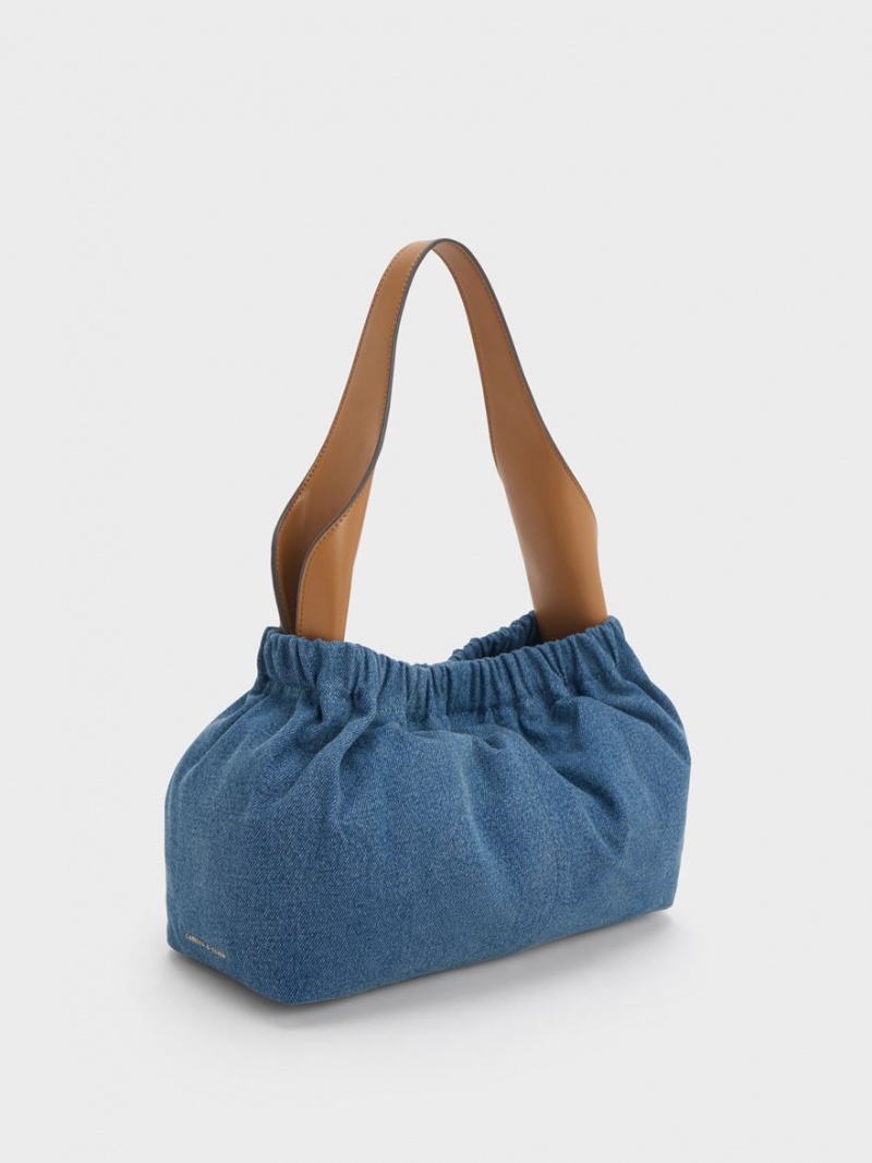 Geanta Tote Charles & Keith Large Ally Denim Ruched Slouchy Albastri | 856JMRQWL