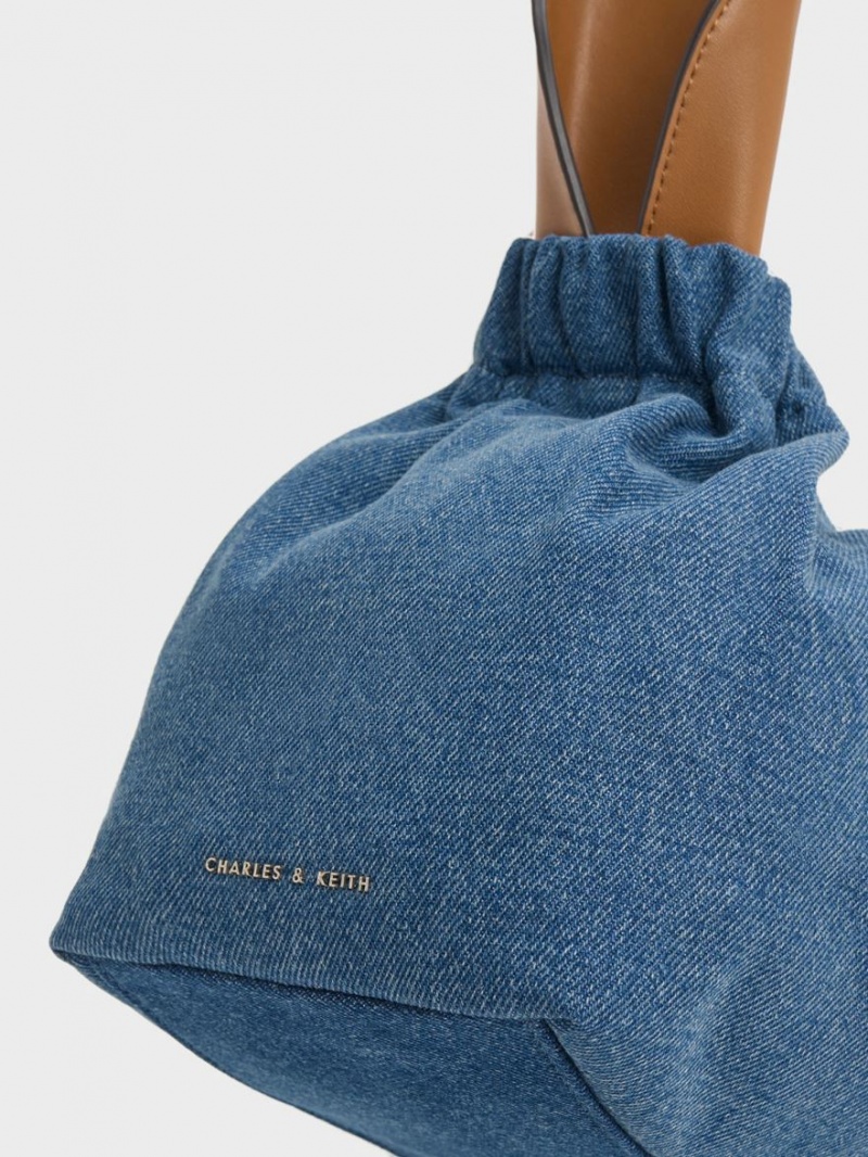 Geanta Tote Charles & Keith Large Ally Denim Ruched Slouchy Albastri | 856JMRQWL