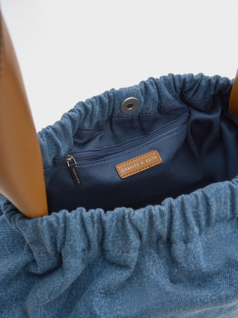Geanta Tote Charles & Keith Large Ally Denim Ruched Slouchy Albastri | 856JMRQWL