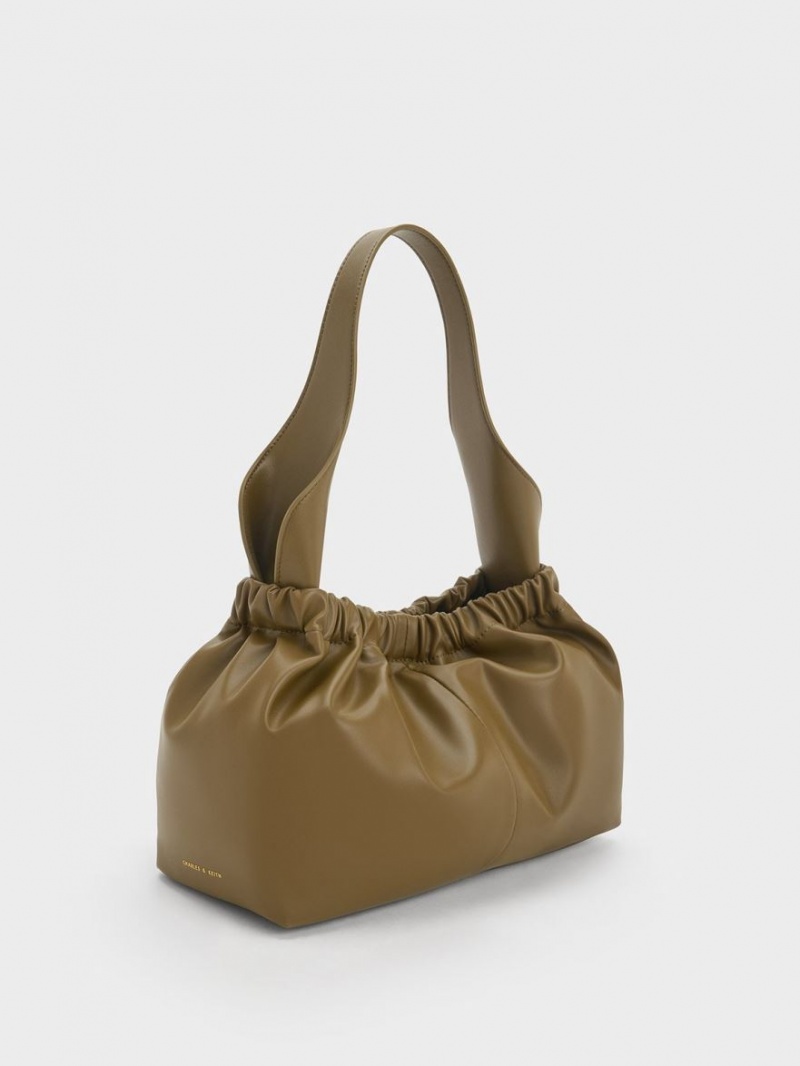 Geanta Tote Charles & Keith Large Ally Ruched Slouchy Kaki | 251YUNAHL