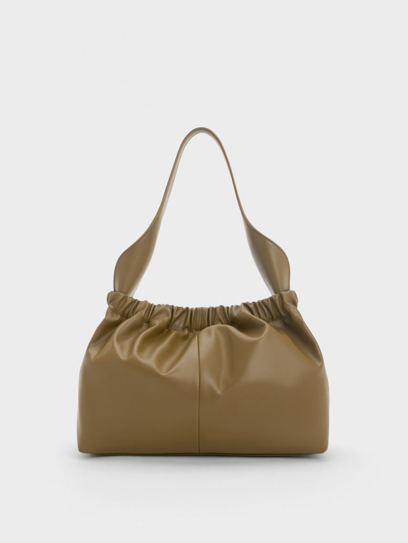 Geanta Tote Charles & Keith Large Ally Ruched Slouchy Kaki | 251YUNAHL