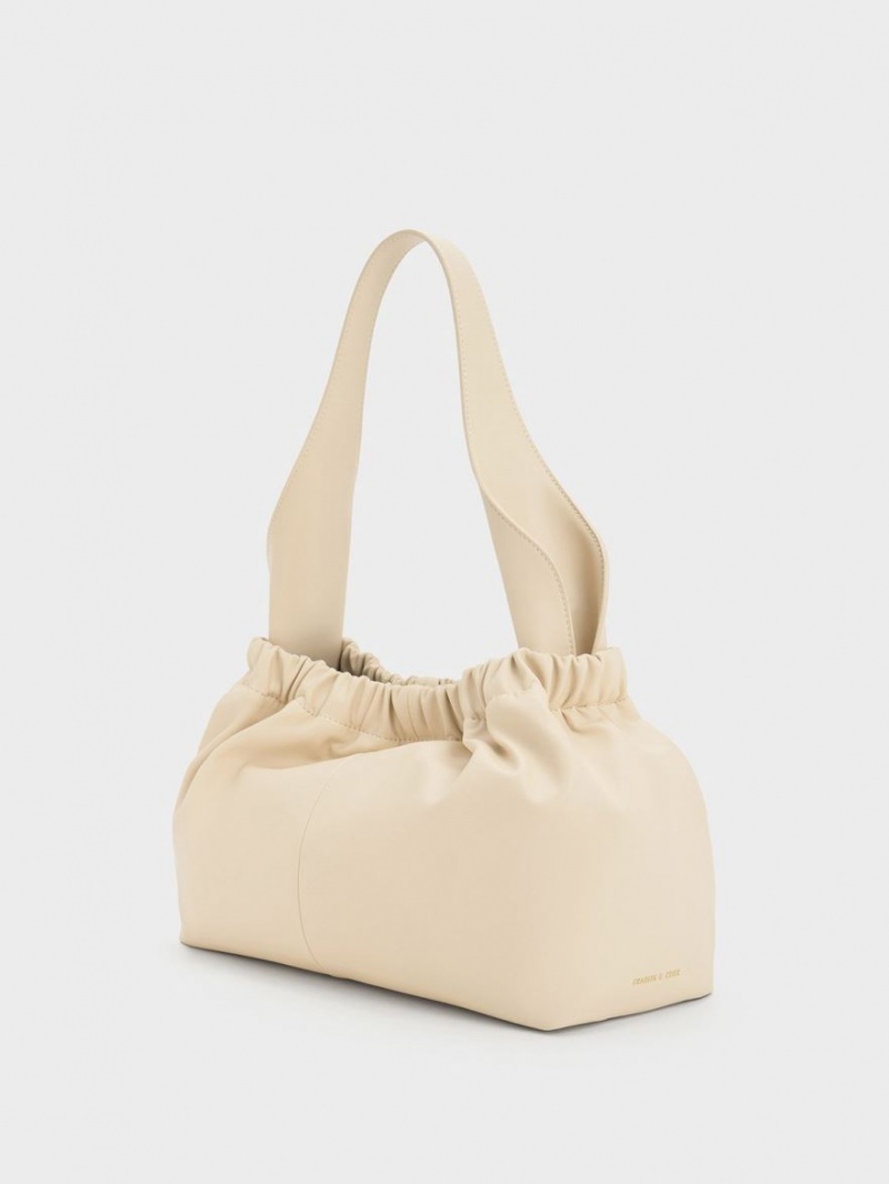 Geanta Tote Charles & Keith Large Ally Ruched Slouchy Bej | 956ICEVMW