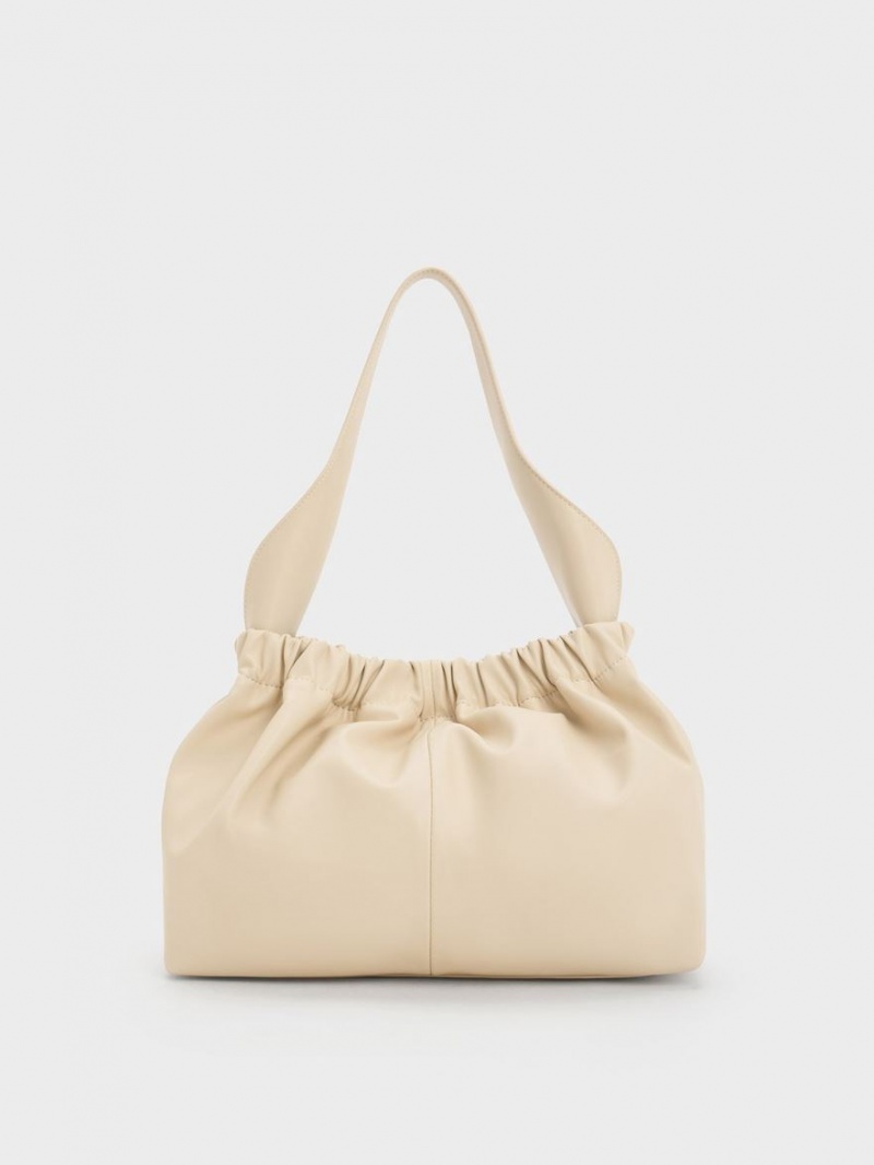 Geanta Tote Charles & Keith Large Ally Ruched Slouchy Bej | 956ICEVMW