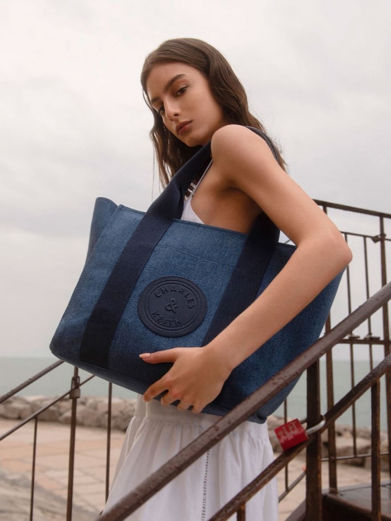 Geanta Tote Charles & Keith Large Kay Denim Contrast-Trim Albastri | 625GMNXYQ
