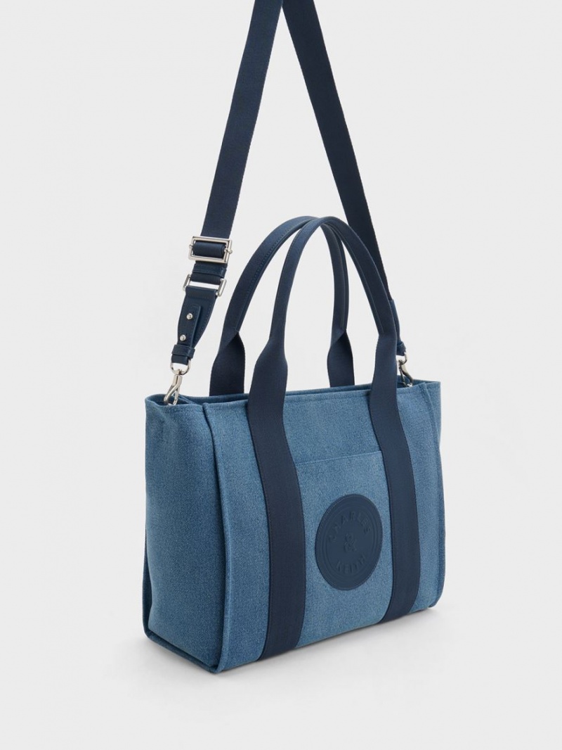 Geanta Tote Charles & Keith Large Kay Denim Contrast-Trim Albastri | 625GMNXYQ