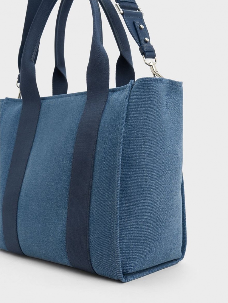 Geanta Tote Charles & Keith Large Kay Denim Contrast-Trim Albastri | 625GMNXYQ