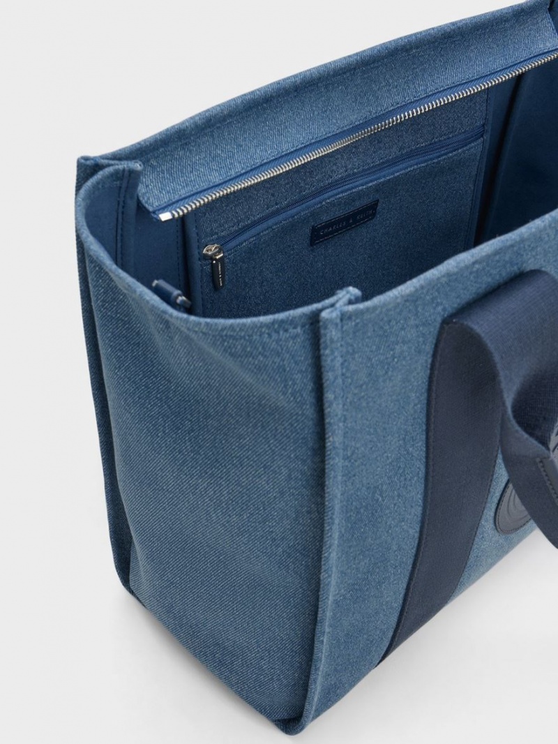 Geanta Tote Charles & Keith Large Kay Denim Contrast-Trim Albastri | 625GMNXYQ