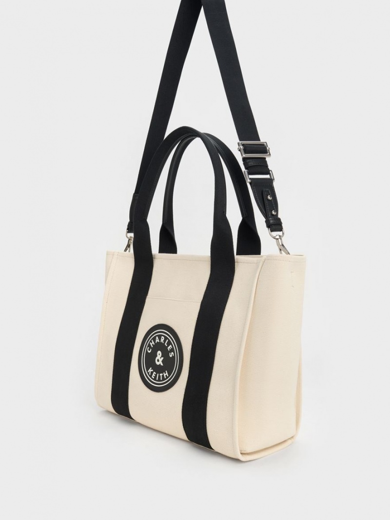 Geanta Tote Charles & Keith Large Kay Panza Contrast-Trim Bej | 762DWGXCF