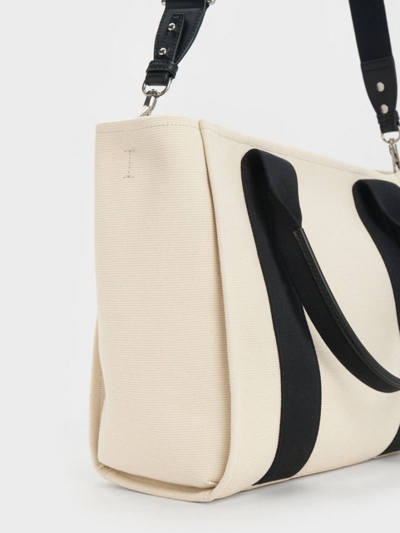 Geanta Tote Charles & Keith Large Kay Panza Contrast-Trim Bej | 762DWGXCF
