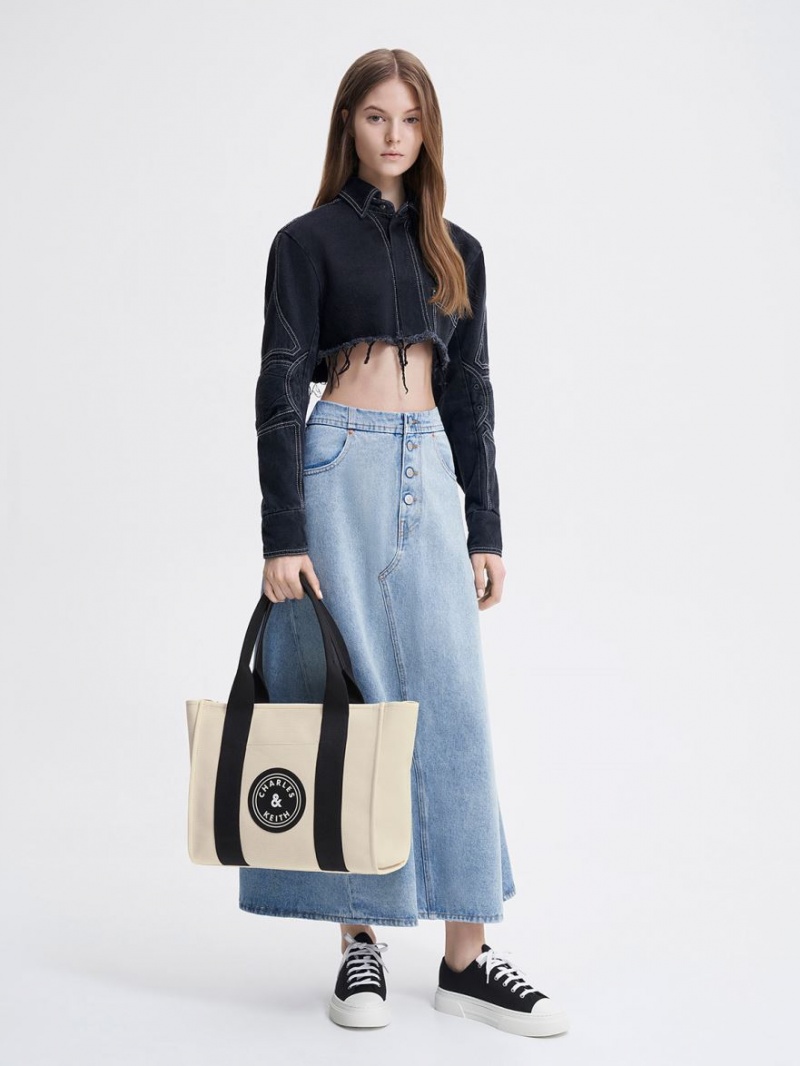 Geanta Tote Charles & Keith Large Kay Panza Contrast-Trim Bej | 762DWGXCF