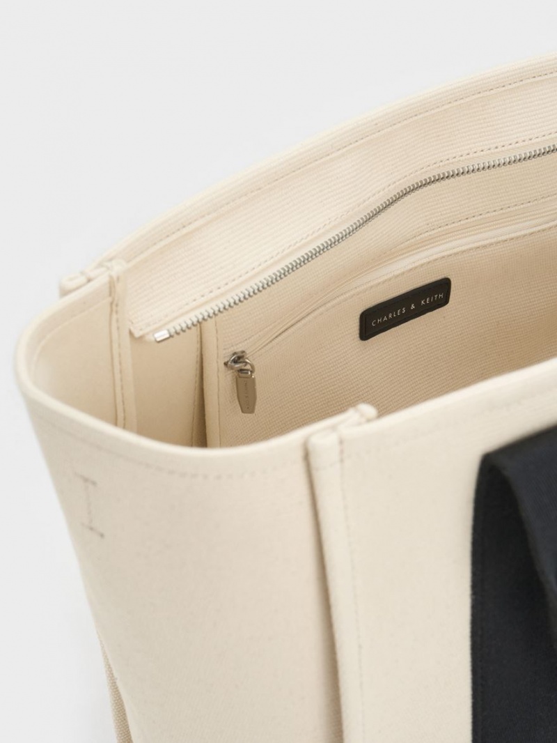 Geanta Tote Charles & Keith Large Kay Panza Contrast-Trim Bej | 762DWGXCF