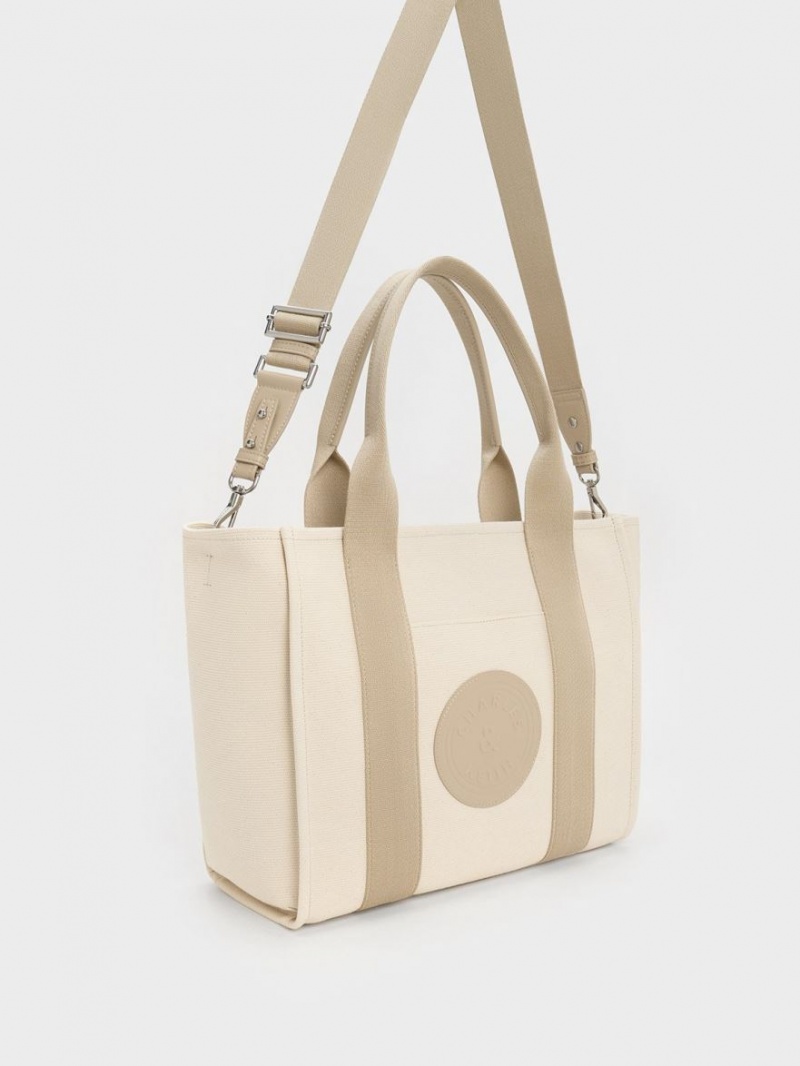Geanta Tote Charles & Keith Large Kay Panza Contrast-Trim Bej | 895KICEXB