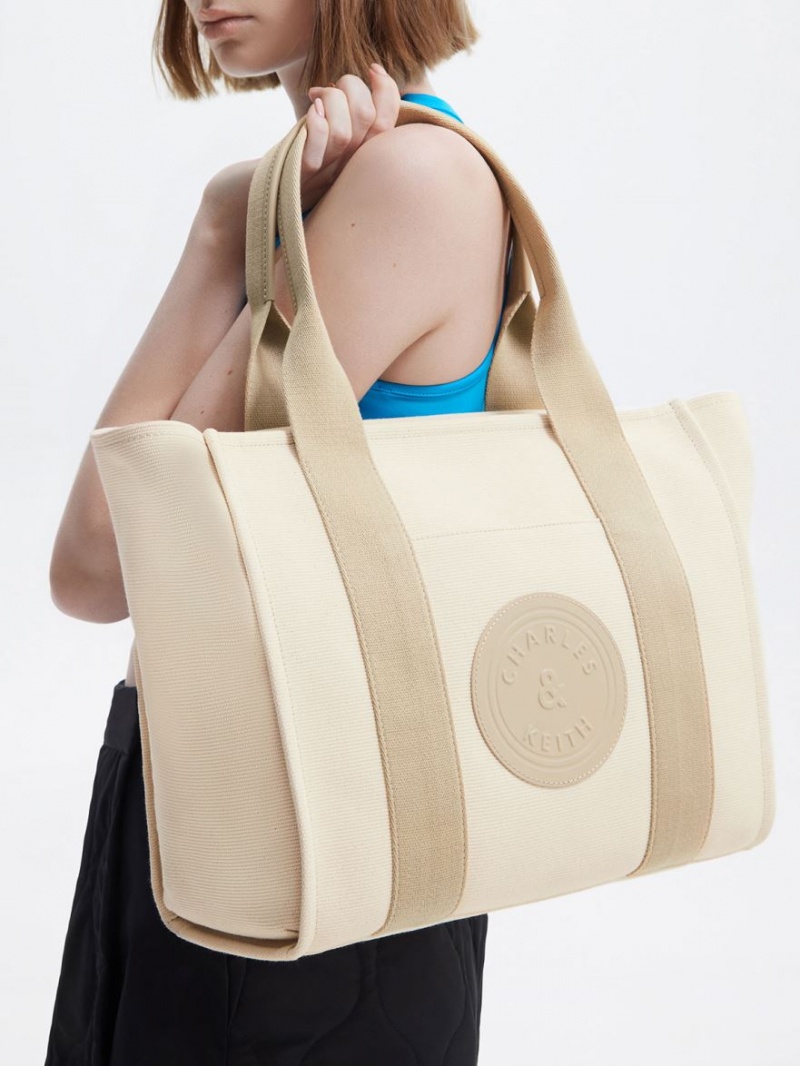 Geanta Tote Charles & Keith Large Kay Panza Contrast-Trim Bej | 895KICEXB