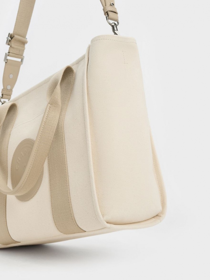 Geanta Tote Charles & Keith Large Kay Panza Contrast-Trim Bej | 895KICEXB