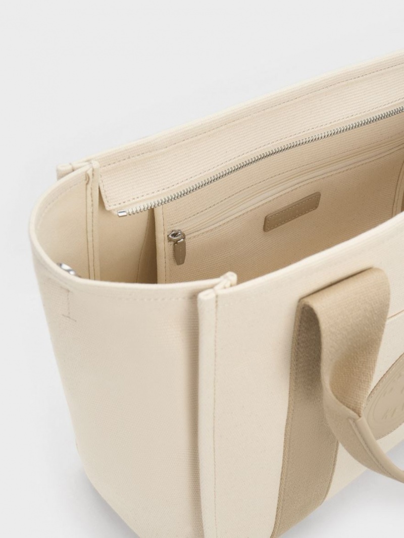 Geanta Tote Charles & Keith Large Kay Panza Contrast-Trim Bej | 895KICEXB
