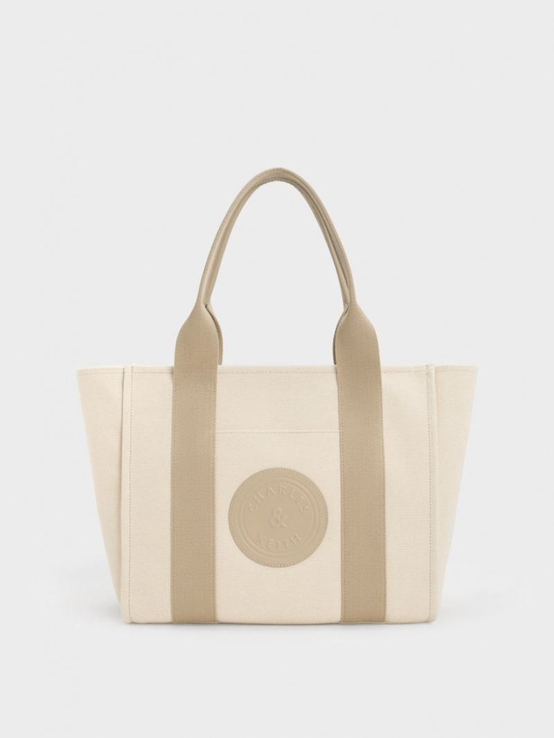 Geanta Tote Charles & Keith Large Kay Panza Contrast-Trim Bej | 895KICEXB