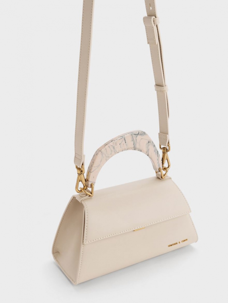 Geanta Tote Charles & Keith Marlin Acrylic Handle Trapeze Bej | 241PTLFVI
