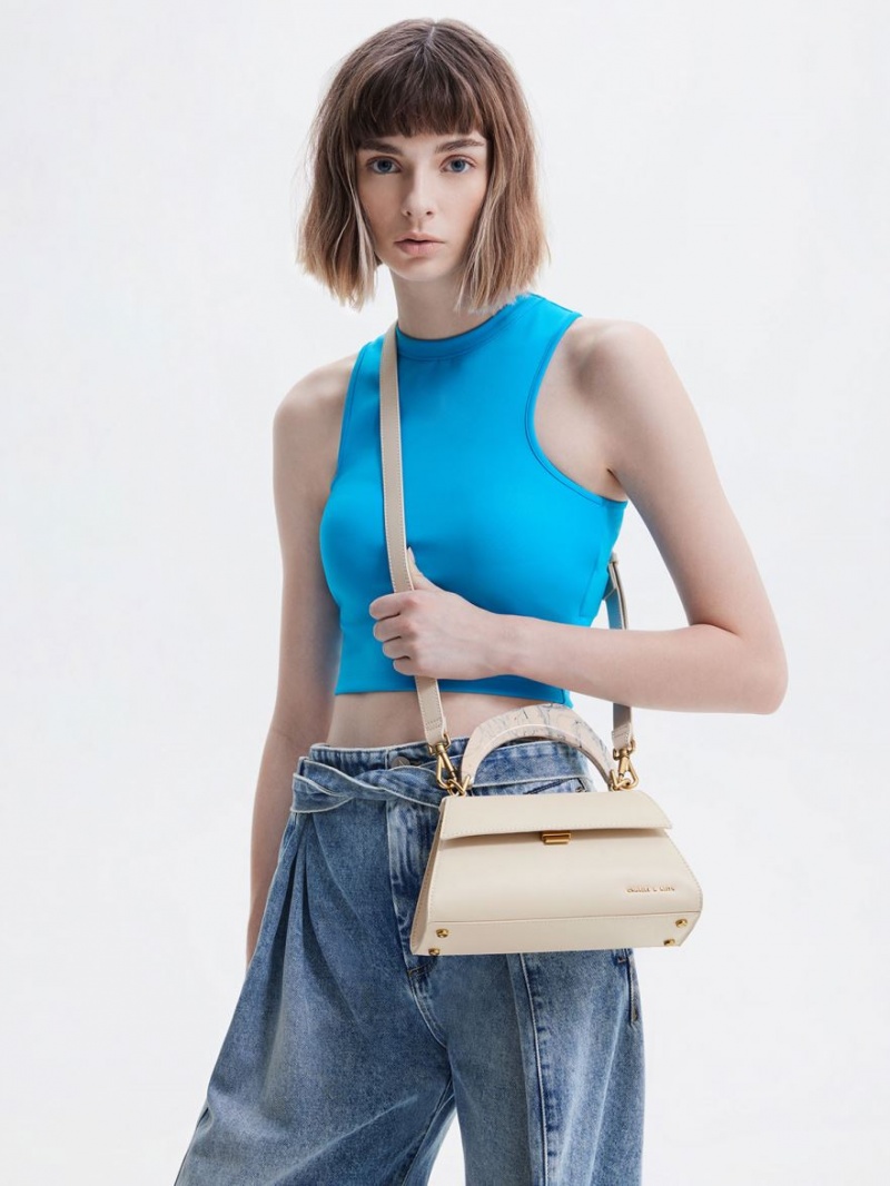 Geanta Tote Charles & Keith Marlin Acrylic Handle Trapeze Bej | 241PTLFVI
