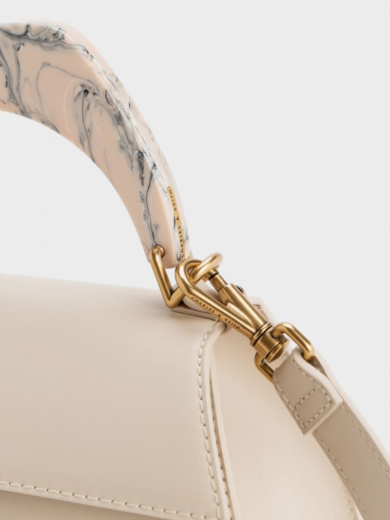 Geanta Tote Charles & Keith Marlin Acrylic Handle Trapeze Bej | 241PTLFVI