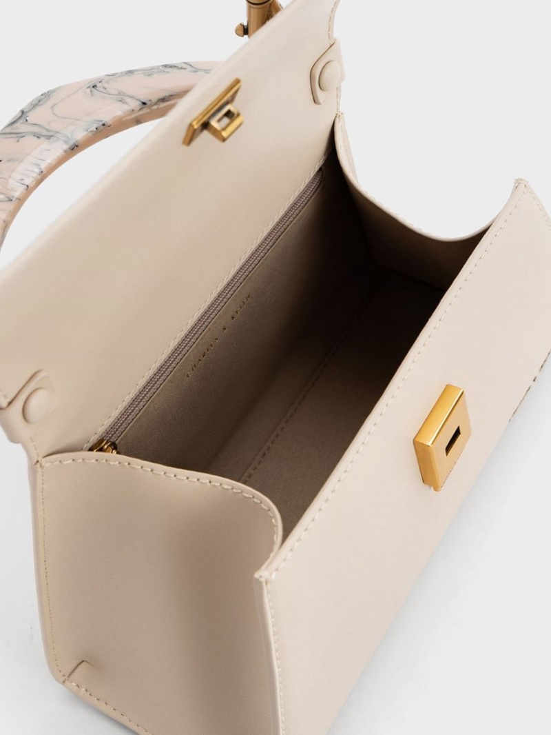 Geanta Tote Charles & Keith Marlin Acrylic Handle Trapeze Bej | 241PTLFVI
