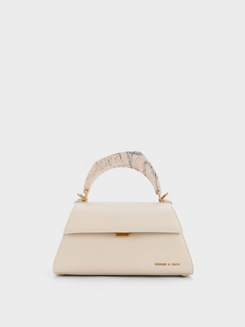 Geanta Tote Charles & Keith Marlin Acrylic Handle Trapeze Bej | 241PTLFVI