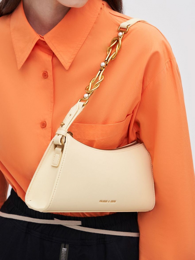 Geanta Tote Charles & Keith Metallic-Accent Curea Trapeze Bej | 835DOVEXB