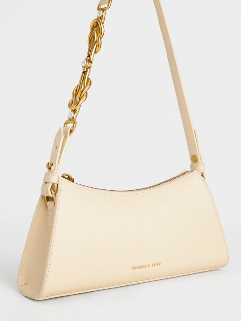 Geanta Tote Charles & Keith Metallic-Accent Curea Trapeze Bej | 835DOVEXB
