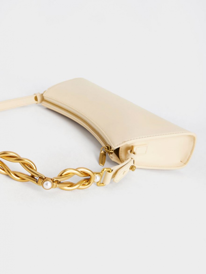Geanta Tote Charles & Keith Metallic-Accent Curea Trapeze Bej | 835DOVEXB