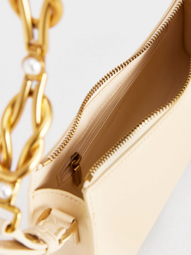 Geanta Tote Charles & Keith Metallic-Accent Curea Trapeze Bej | 835DOVEXB