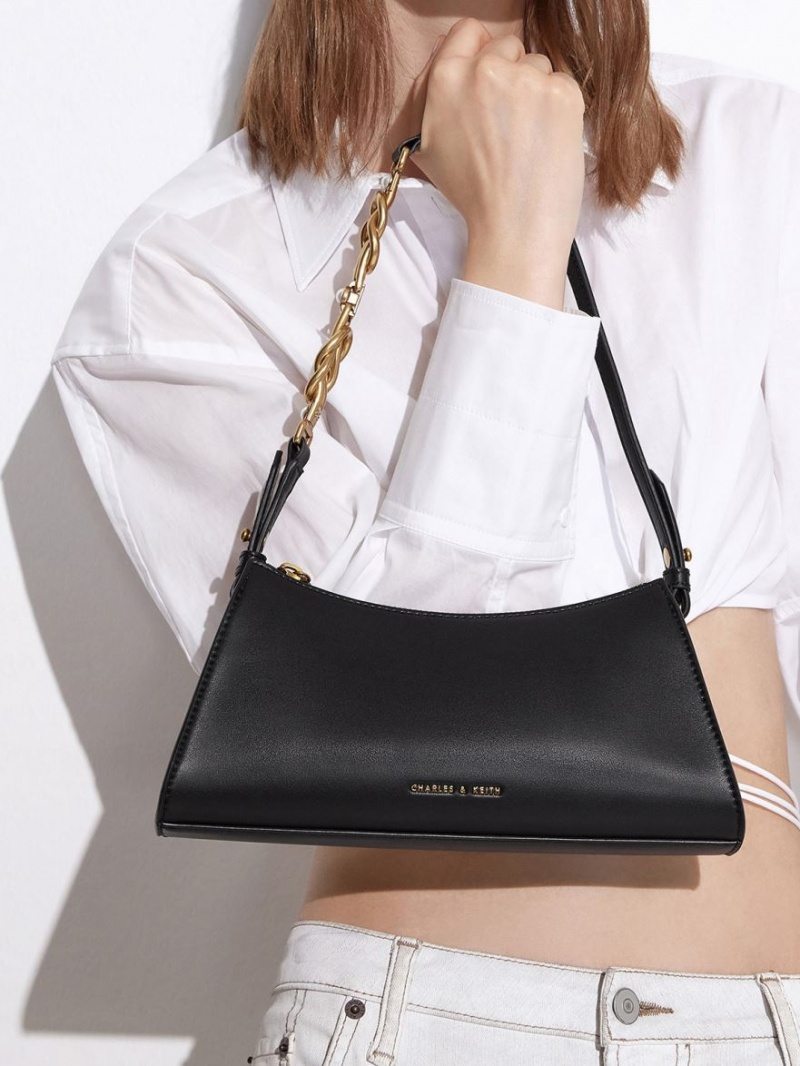 Geanta Tote Charles & Keith Metallic-Accent Curea Trapeze Negrii | 105PXNTQW