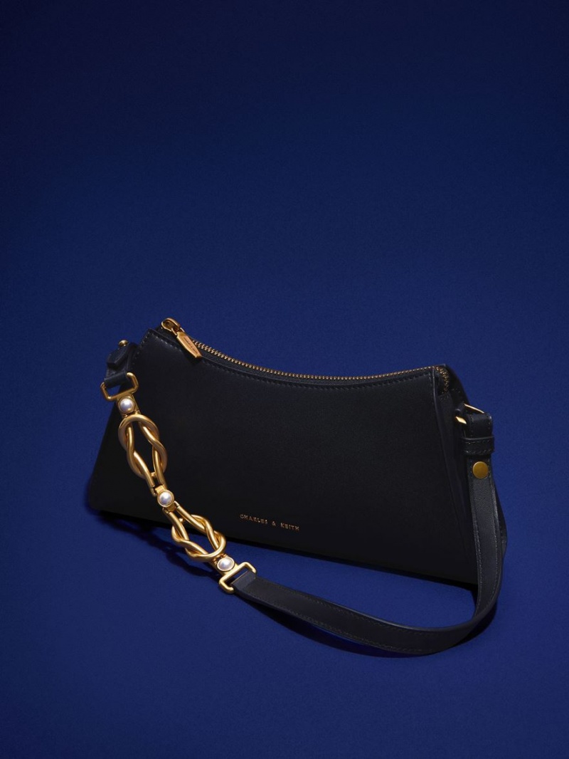 Geanta Tote Charles & Keith Metallic-Accent Curea Trapeze Negrii | 105PXNTQW