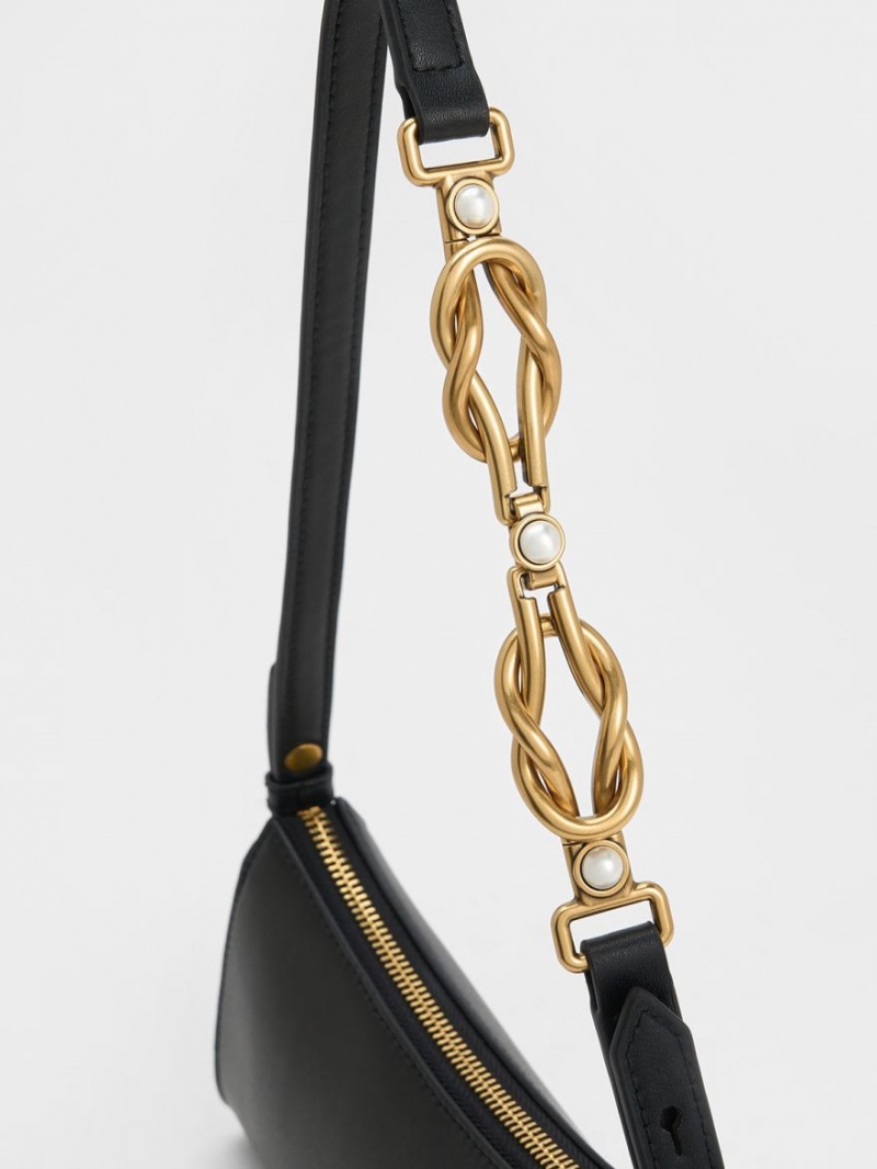 Geanta Tote Charles & Keith Metallic-Accent Curea Trapeze Negrii | 105PXNTQW