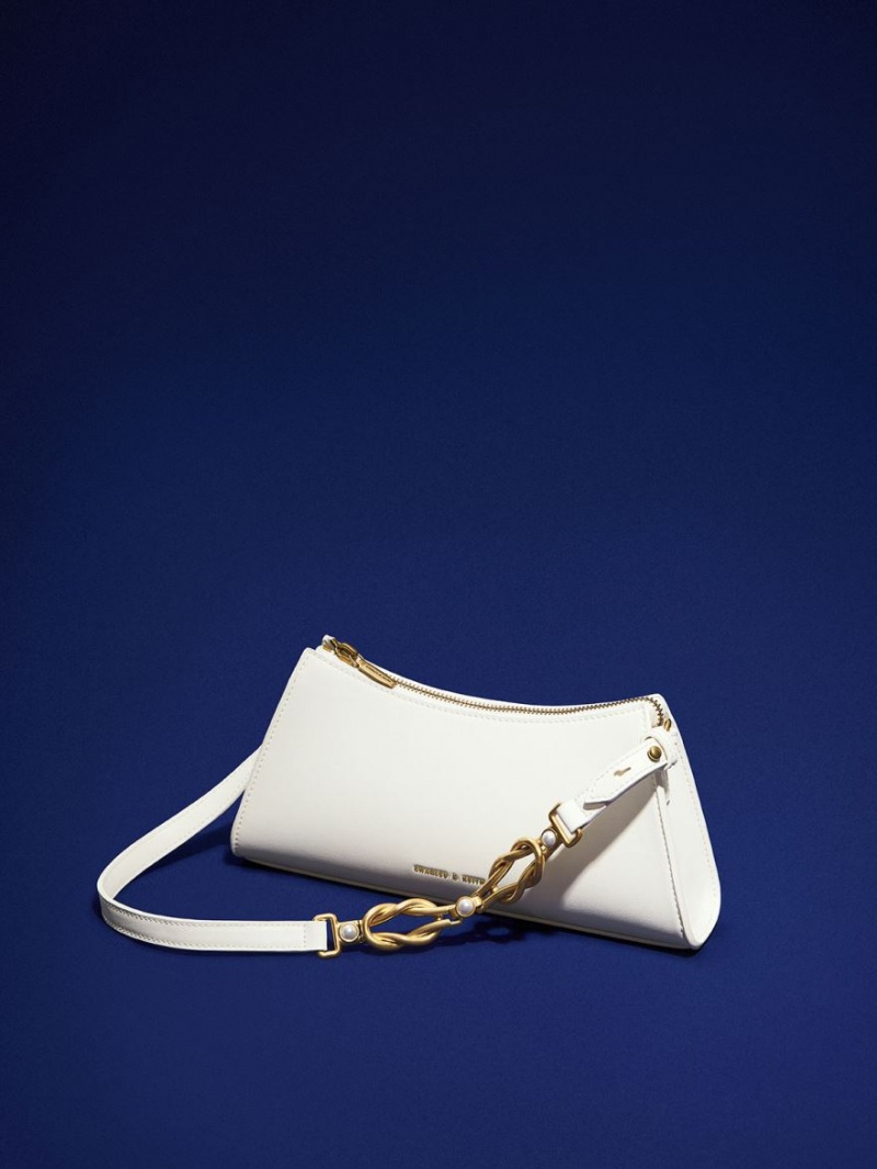 Geanta Tote Charles & Keith Metallic-Accent Curea Trapeze Albi | 053LSQIEJ