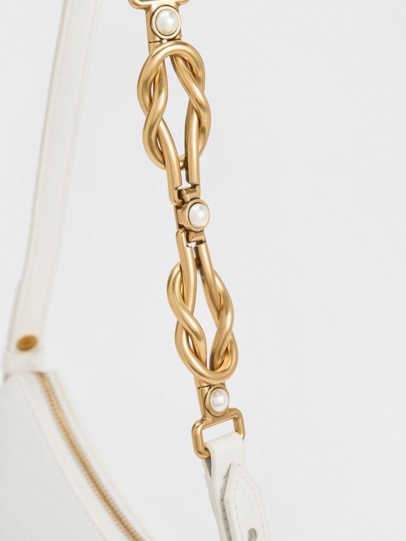 Geanta Tote Charles & Keith Metallic-Accent Curea Trapeze Albi | 053LSQIEJ