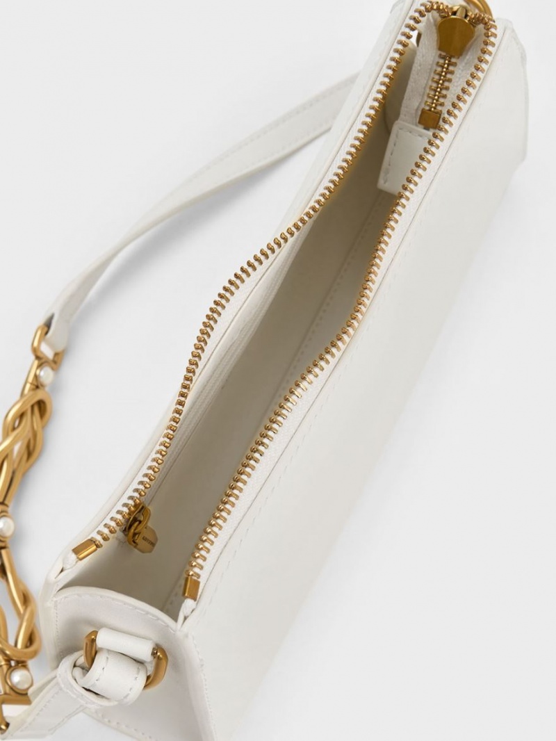 Geanta Tote Charles & Keith Metallic-Accent Curea Trapeze Albi | 053LSQIEJ