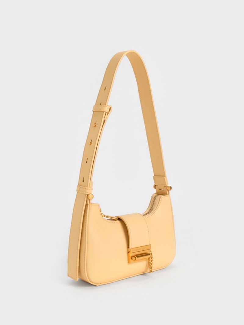 Geanta Tote Charles & Keith Metallic Accent Belted Bej | 671DLFION