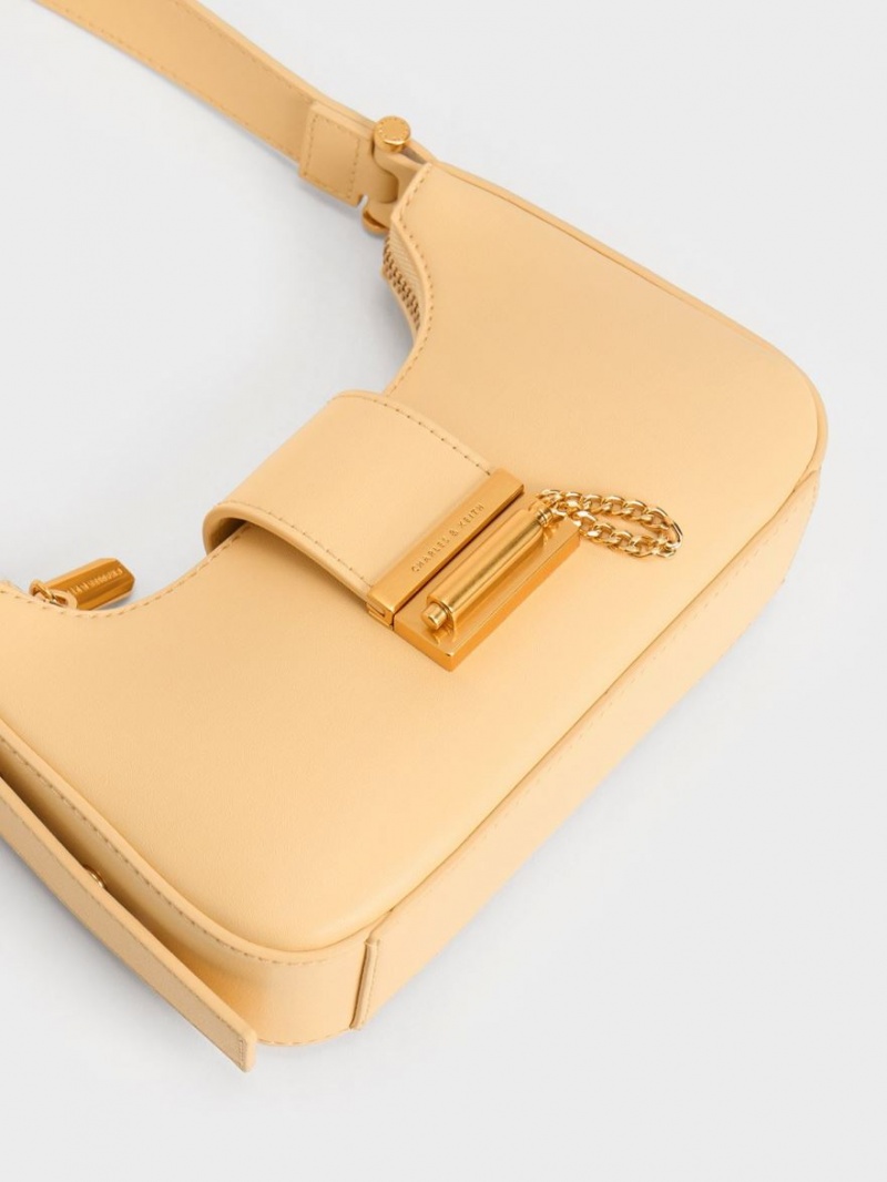 Geanta Tote Charles & Keith Metallic Accent Belted Bej | 671DLFION