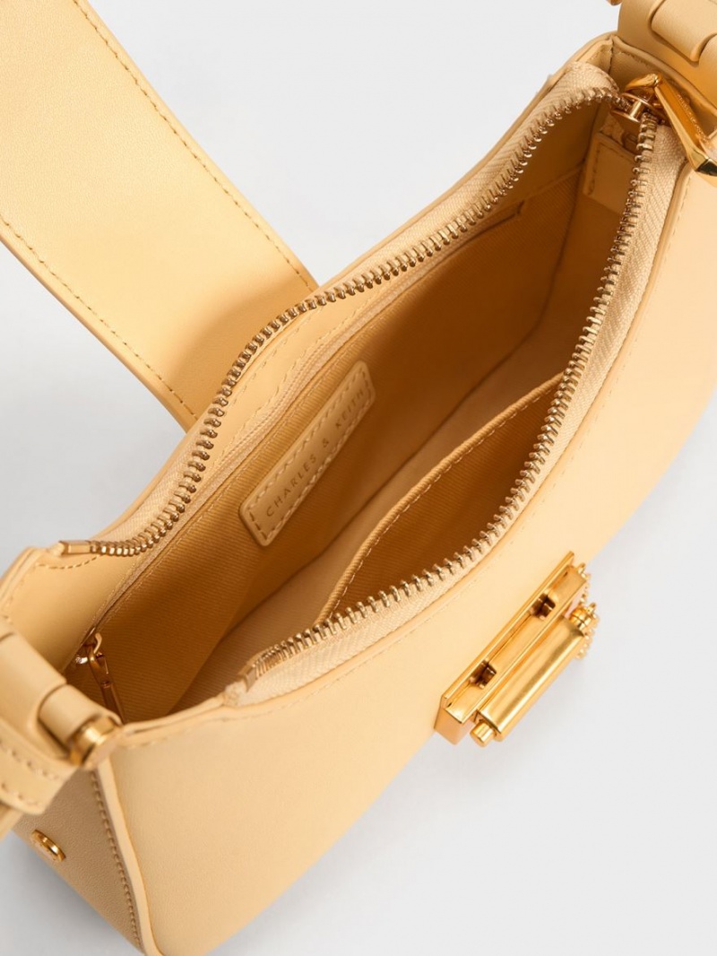 Geanta Tote Charles & Keith Metallic Accent Belted Bej | 671DLFION