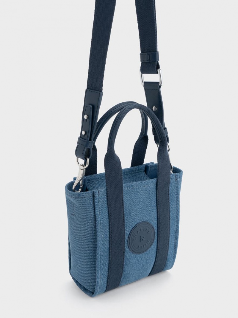 Geanta Tote Charles & Keith Mini Kay Denim Contrast-Trim Albastri | 612RJAEXG