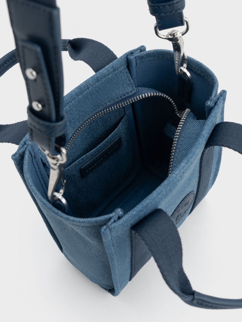 Geanta Tote Charles & Keith Mini Kay Denim Contrast-Trim Albastri | 612RJAEXG